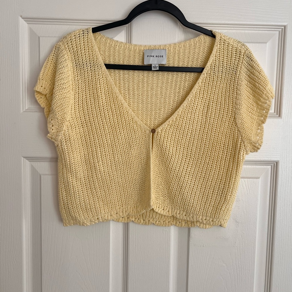 Pink Rose Yellow Knit V-Neck Cropped Cardigan Top